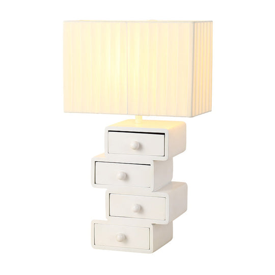 Contemporary White Nightstand Lamp With Drawer - Rectangle Fabric Table Light