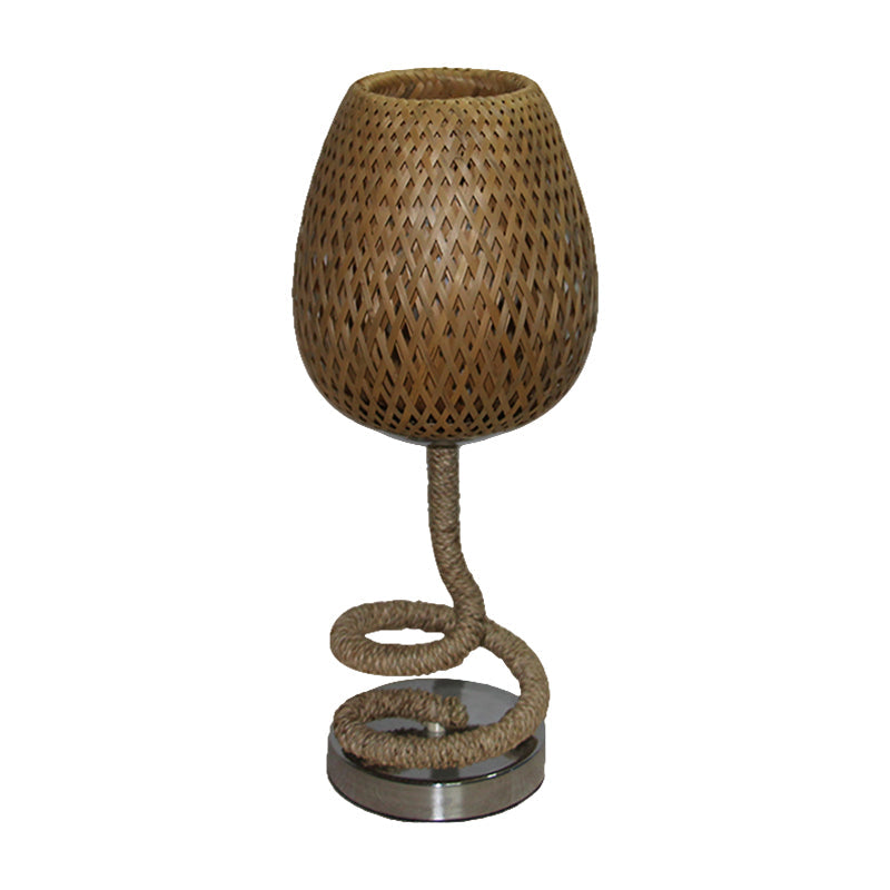 Flaxen Bamboo Rattan Night Lamp - Bud Shape Design 1-Bulb Table Light With Rope Accent