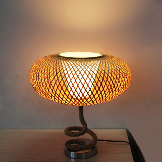 Oval Woven Nightstand Lamp - Asian Bamboo Rattan Flaxen Light With Rope Design