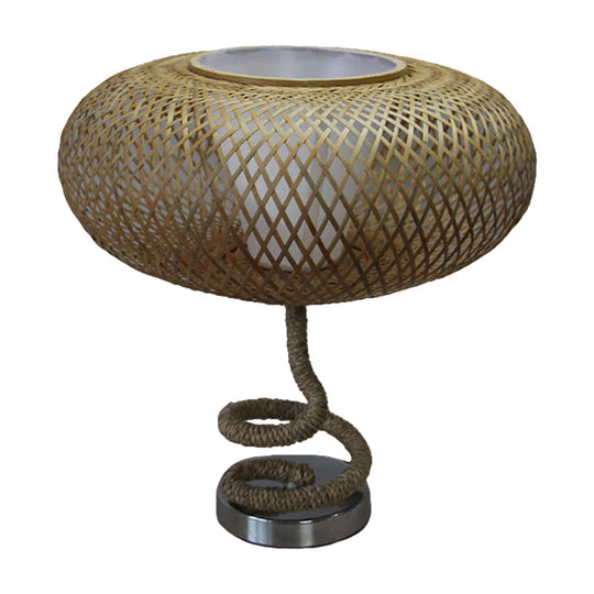 Oval Woven Nightstand Lamp - Asian Bamboo Rattan Flaxen Light With Rope Design