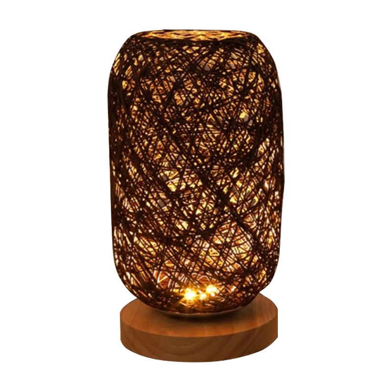 Modern Asian Bamboo Rattan Capsule Night Table Light - 1-Light Beige/Coffee Lamp