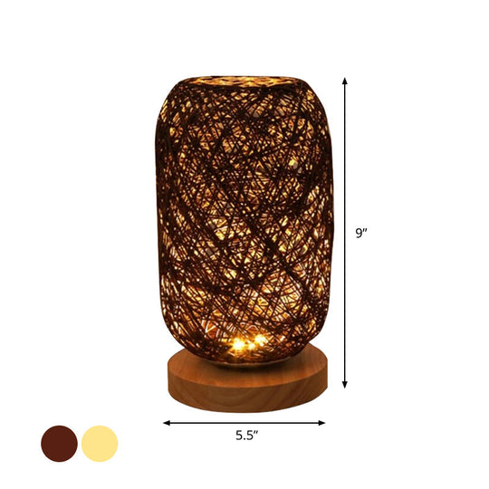 Modern Asian Bamboo Rattan Capsule Night Table Light - 1-Light Beige/Coffee Lamp