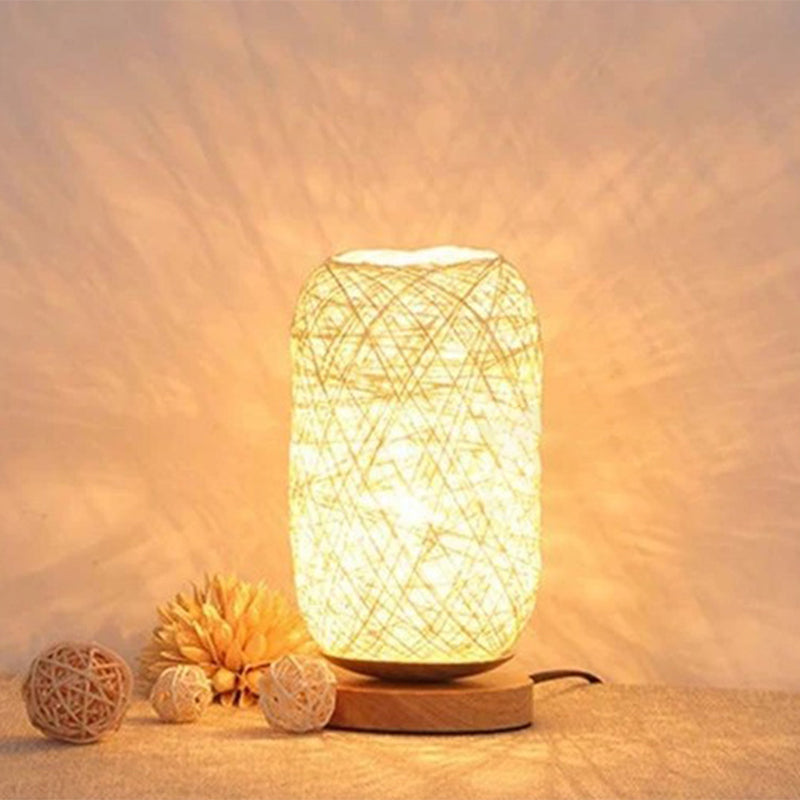 Modern Asian Bamboo Rattan Capsule Night Table Light - 1-Light Beige/Coffee Lamp