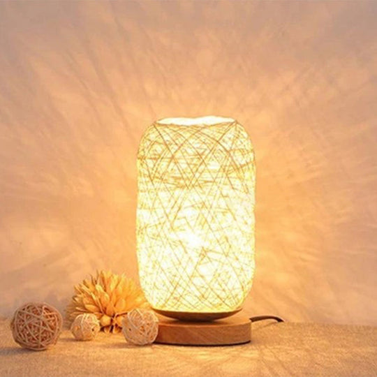 Modern Asian Bamboo Rattan Capsule Night Table Light - 1-Light Beige/Coffee Lamp