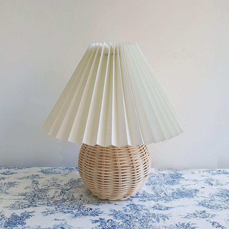 Bamboo Rattan Table Light - Modernist Design 1 Bulb White Night Lamp With Pleated Shade