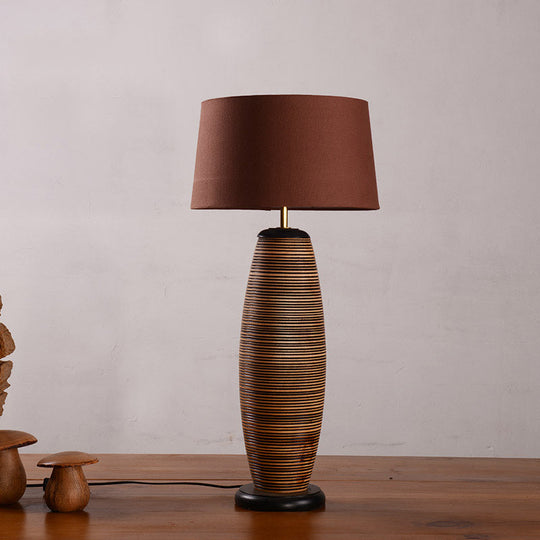 Asia Wood Table Lamp With Night Lighting Coffee Cocoon Shape & Brown Fabric Shade