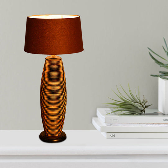 Asia Wood Table Lamp With Night Lighting Coffee Cocoon Shape & Brown Fabric Shade