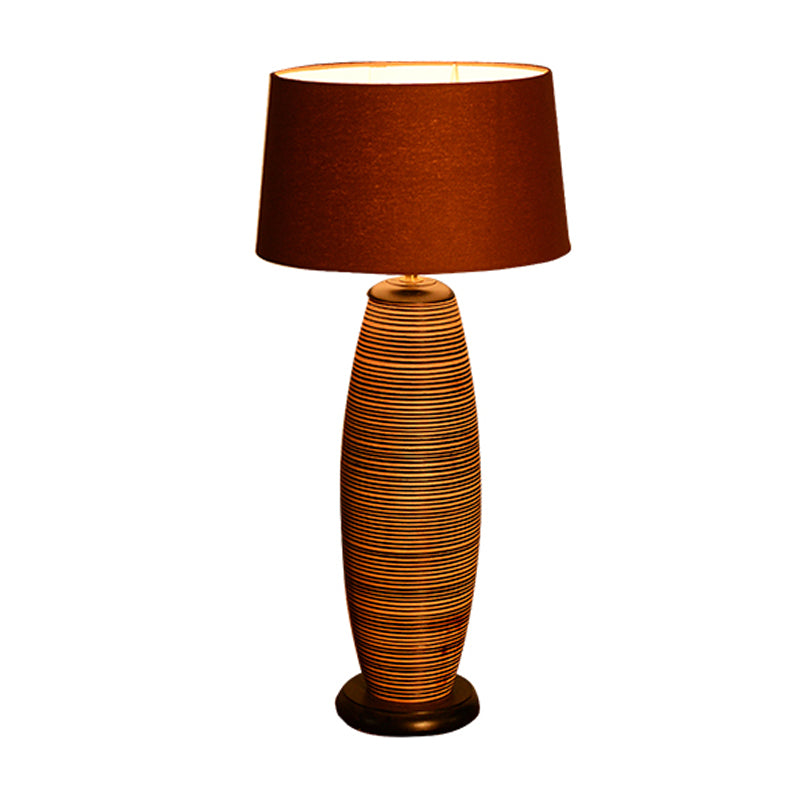 Asia Wood Table Lamp With Night Lighting Coffee Cocoon Shape & Brown Fabric Shade