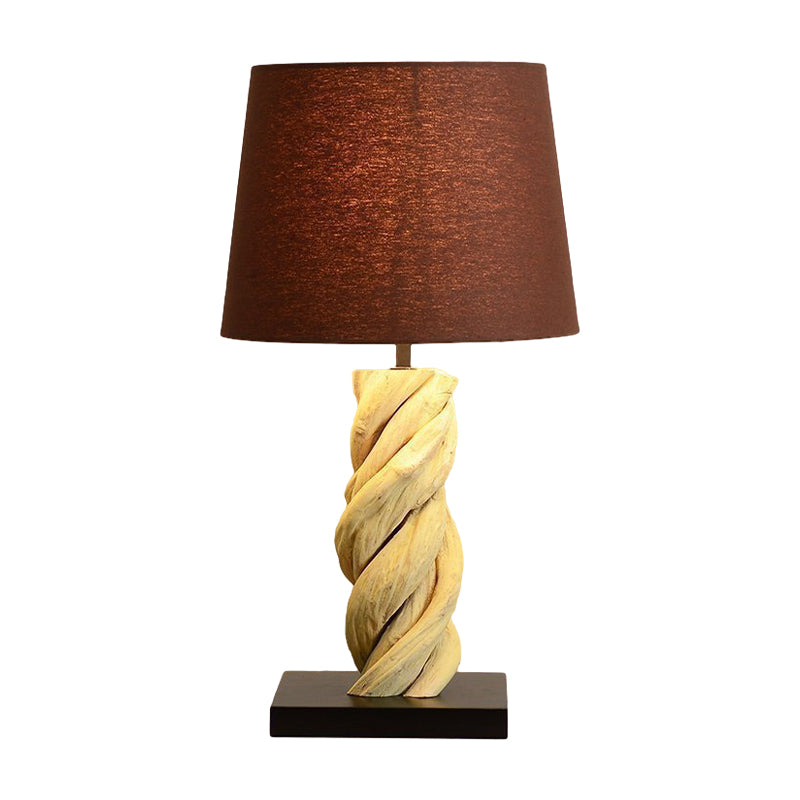 Art Deco Barrel Fabric Night Lamp With Spiral Wood Base - Brown