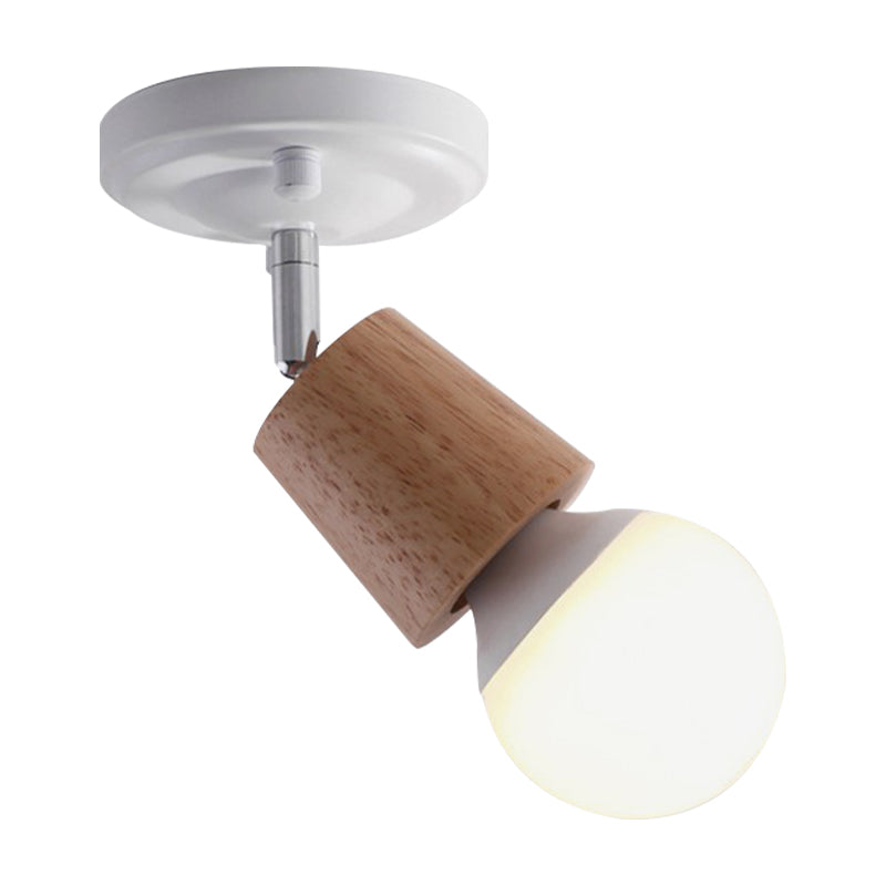 Modern Metal Semi Flush Ceiling Light with Wood Top - White Finish, 1 Light