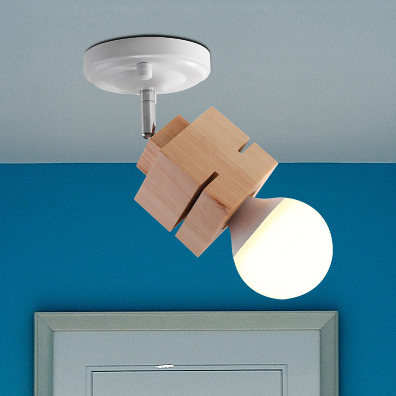 Modern Metal Semi Flush Ceiling Light with Wood Top - White Finish, 1 Light