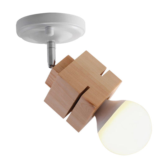 Modern Metal Semi Flush Ceiling Light with Wood Top - White Finish, 1 Light