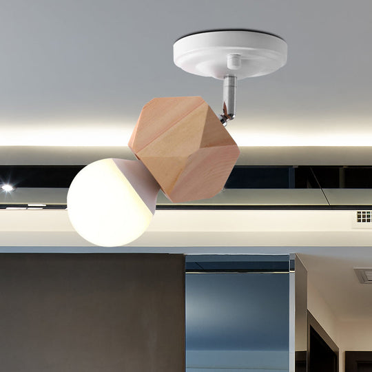 Modern Metal Semi Flush Ceiling Light with Wood Top - White Finish, 1 Light