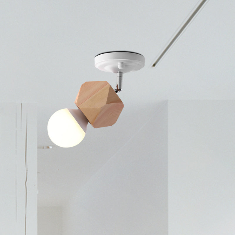 Modern Metal Semi Flush Ceiling Light With Wood Top - White Finish 1