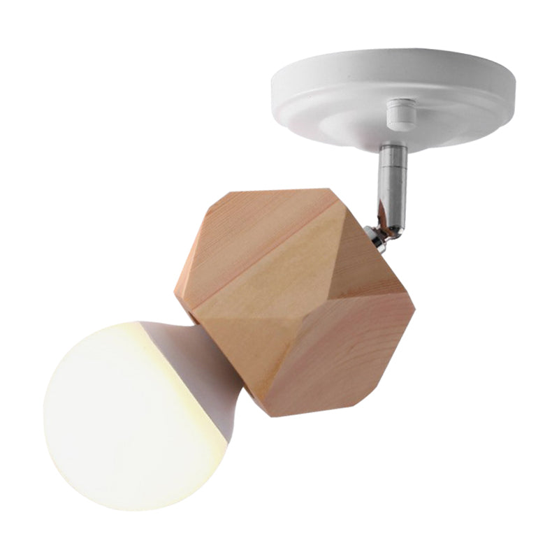 Modern Metal Semi Flush Ceiling Light with Wood Top - White Finish, 1 Light