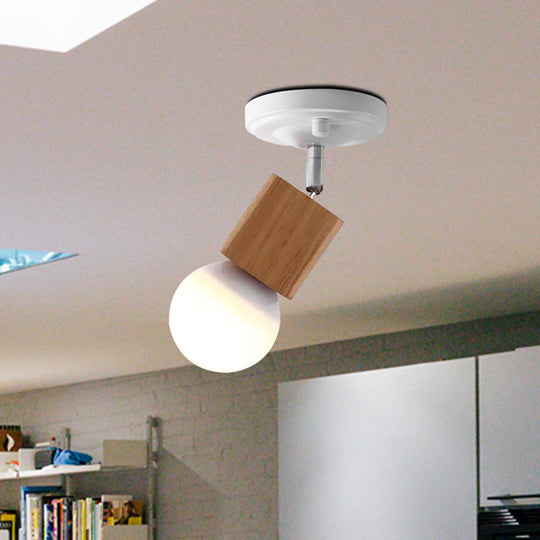 Modern Metal Semi Flush Ceiling Light With Wood Top - White Finish 1 / D