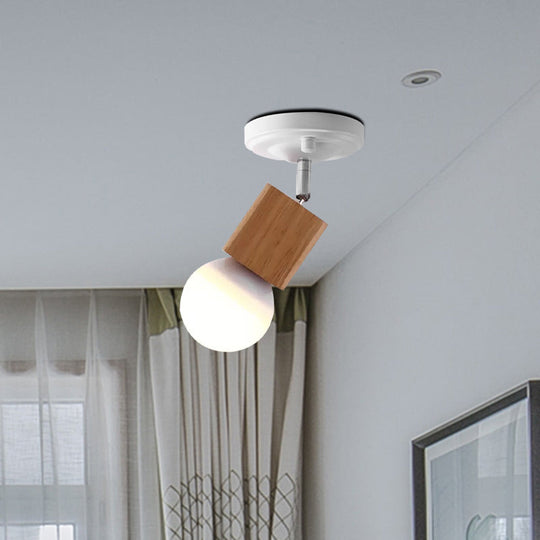 Modern Metal Semi Flush Ceiling Light with Wood Top - White Finish, 1 Light