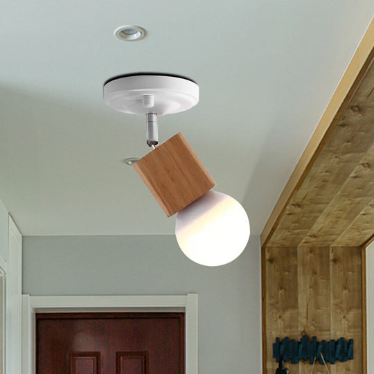 Modern Metal Semi Flush Ceiling Light with Wood Top - White Finish, 1 Light