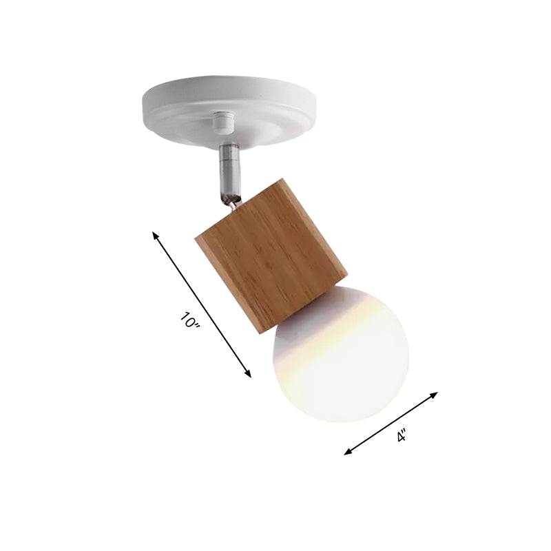 Modern Metal Semi Flush Ceiling Light with Wood Top - White Finish, 1 Light