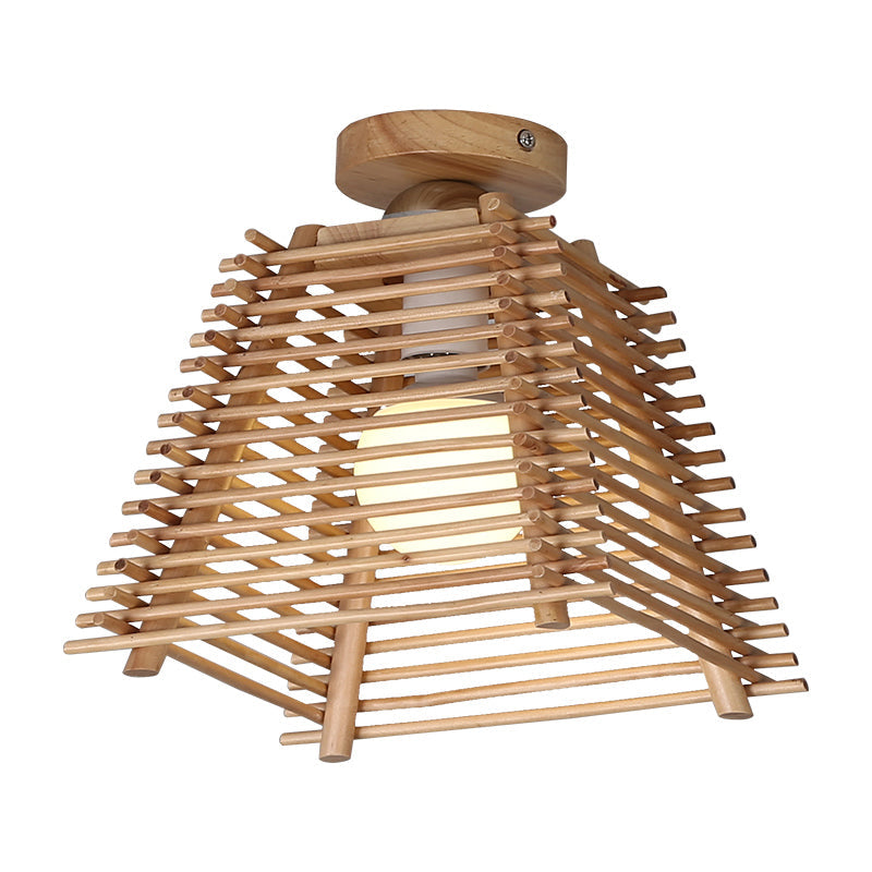 Sleek Japanese Bamboo Ceiling Lamp with Trapezoid Semi Mount and 1-Bulb Flush Design for Hallway