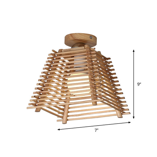 Sleek Japanese Bamboo Ceiling Lamp with Trapezoid Semi Mount and 1-Bulb Flush Design for Hallway