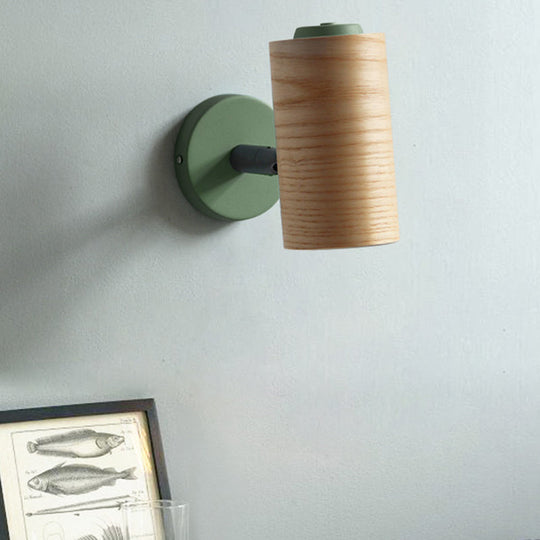 Wooden Wall Mounted Macaron Sconce Light Fixture - 1 Head Tube Lamp In Yellow/Green/Blue For