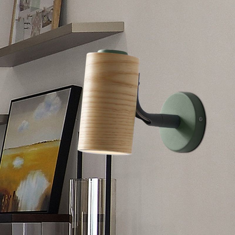 Wooden Wall Mounted Macaron Sconce Light Fixture - 1 Head Tube Lamp In Yellow/Green/Blue For