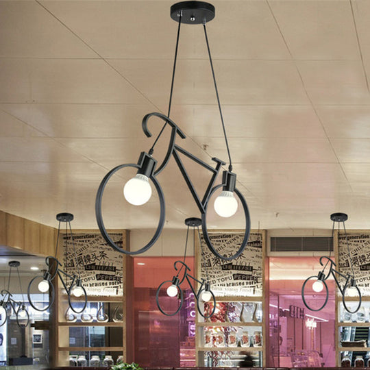 Minimalist City Bike Pendant Light For Kids Room - 2-Light Iron Suspension With Open Bulb Design