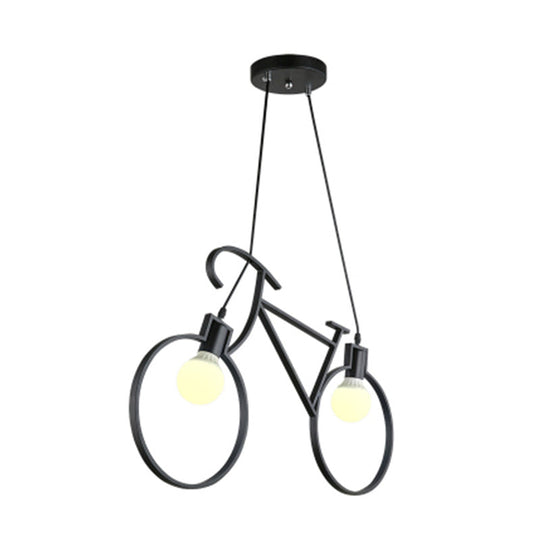 Minimalist City Bike Pendant Light For Kids Room - 2-Light Iron Suspension With Open Bulb Design