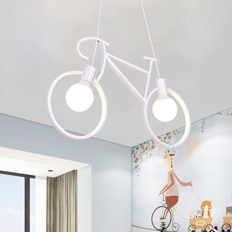 Minimalist City Bike Pendant Light For Kids Room - 2-Light Iron Suspension With Open Bulb Design