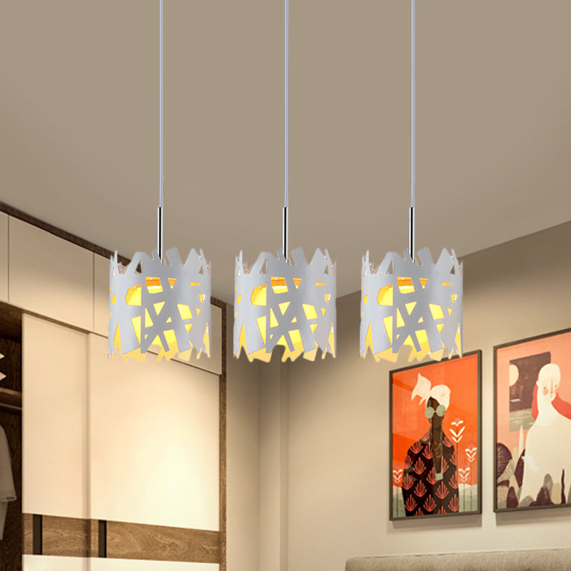 Modernist White Pendant Light With Hollow-Out Iron Shade - 3 Bulbs- Ideal For Living Room Linear