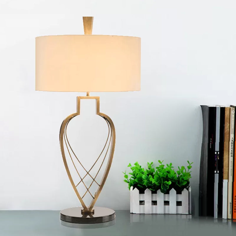 Modern Drum Night Table Lamp In Beige With Gold Urn Frame Base