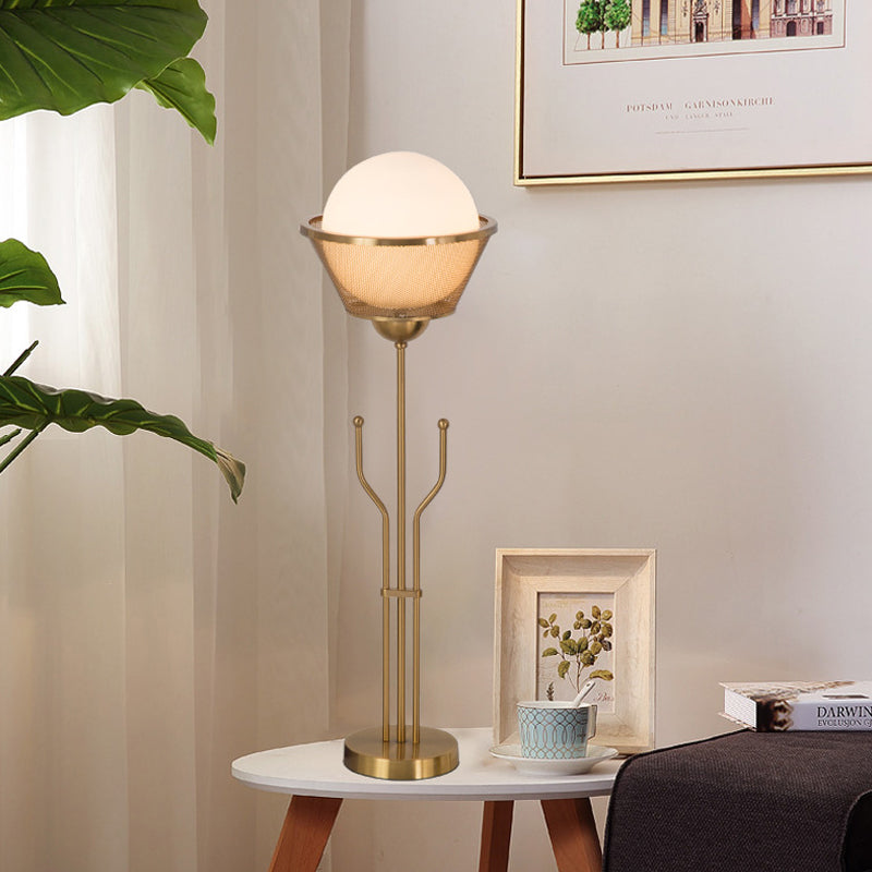 Modern Brass Finish Table Lamp With Trident Base - Metallic Reading Book Light