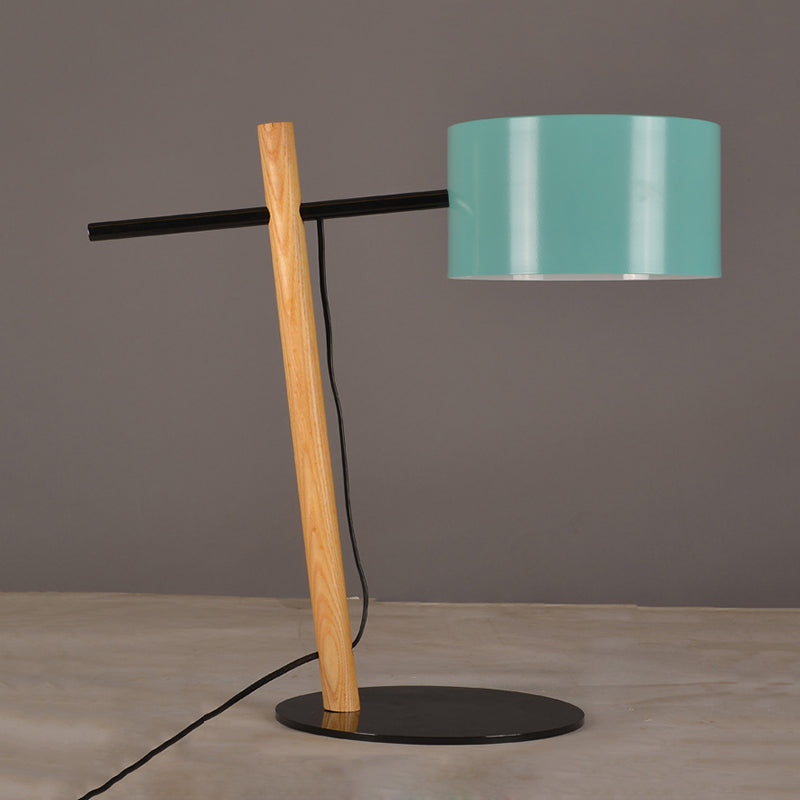 Modern Metallic Drum Plug-In Table Lamp With Blue & Wood Balance Arm - 1 Light Desk