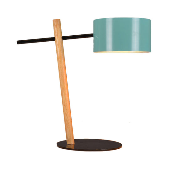 Modern Metallic Drum Plug-In Table Lamp With Blue & Wood Balance Arm - 1 Light Desk