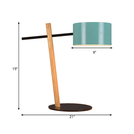 Modern Metallic Drum Plug-In Table Lamp With Blue & Wood Balance Arm - 1 Light Desk