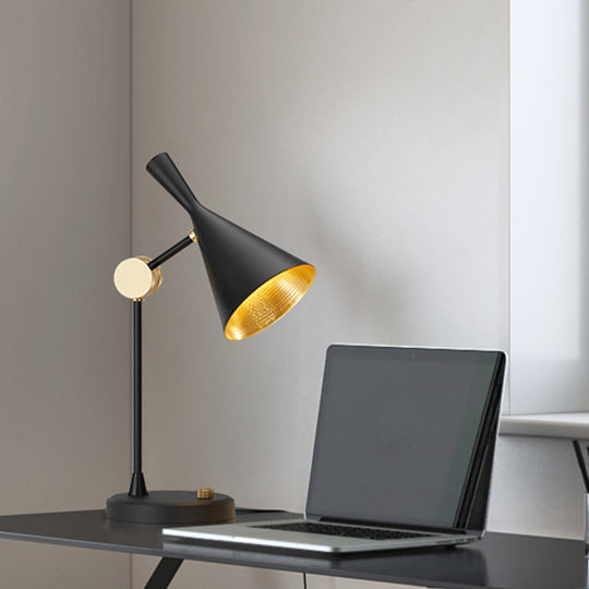 Modernist Wide Flare Night Table Lamp - Metallic Finish Rotatable Reading Light In Black