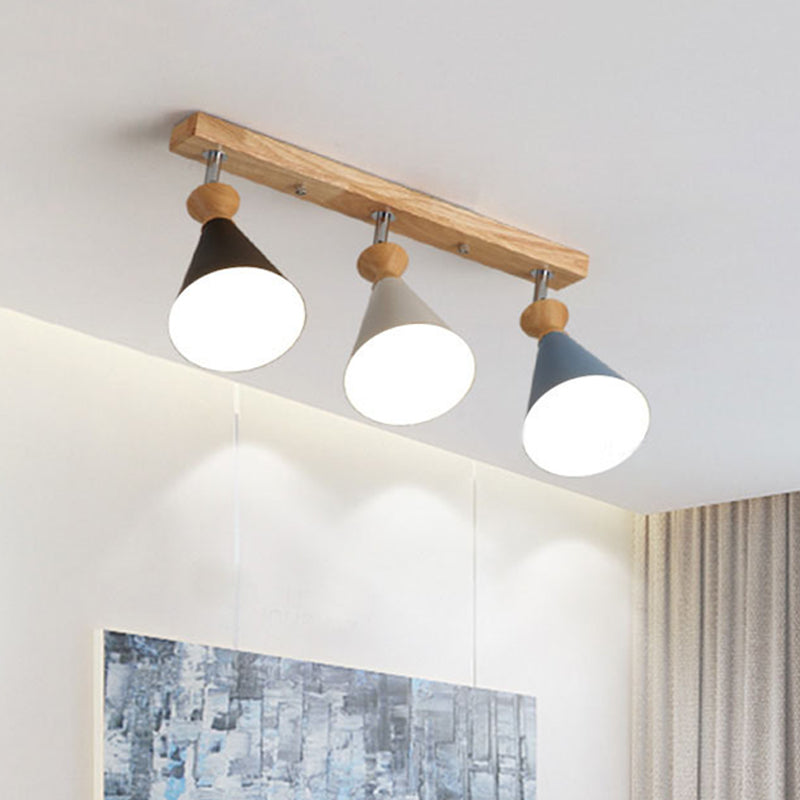 Macaron Black-White-Blue & Wood Semi Flush Lamp - 3 Heads Living Room Ceiling Light