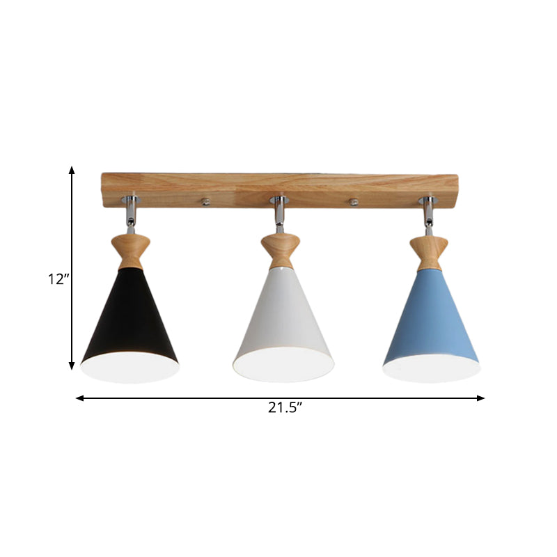 Macaron Black-White-Blue & Wood Semi Flush Lamp - 3 Heads Living Room Ceiling Light