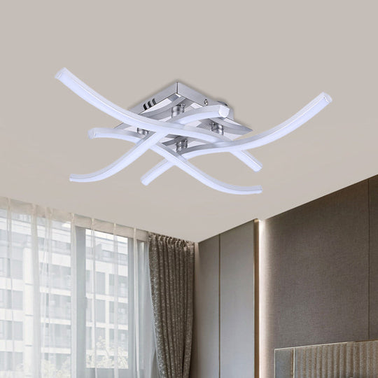 Silver Crossed Wave LED Metallic Ceiling Mount Light in White/Warm Light - Modern Semi Flush Design