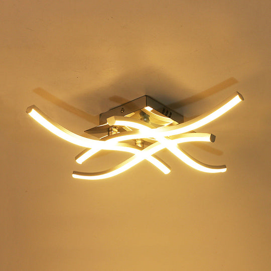 Silver Crossed Wave Led Metallic Ceiling Mount Light In White/Warm - Modern Semi Flush Design