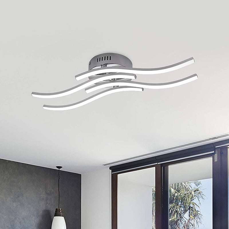 Sleek Nickel Finish 4-Wavy Linear Semi Flush Mount LED Ceiling Light for Bedroom - Warm/White Glow