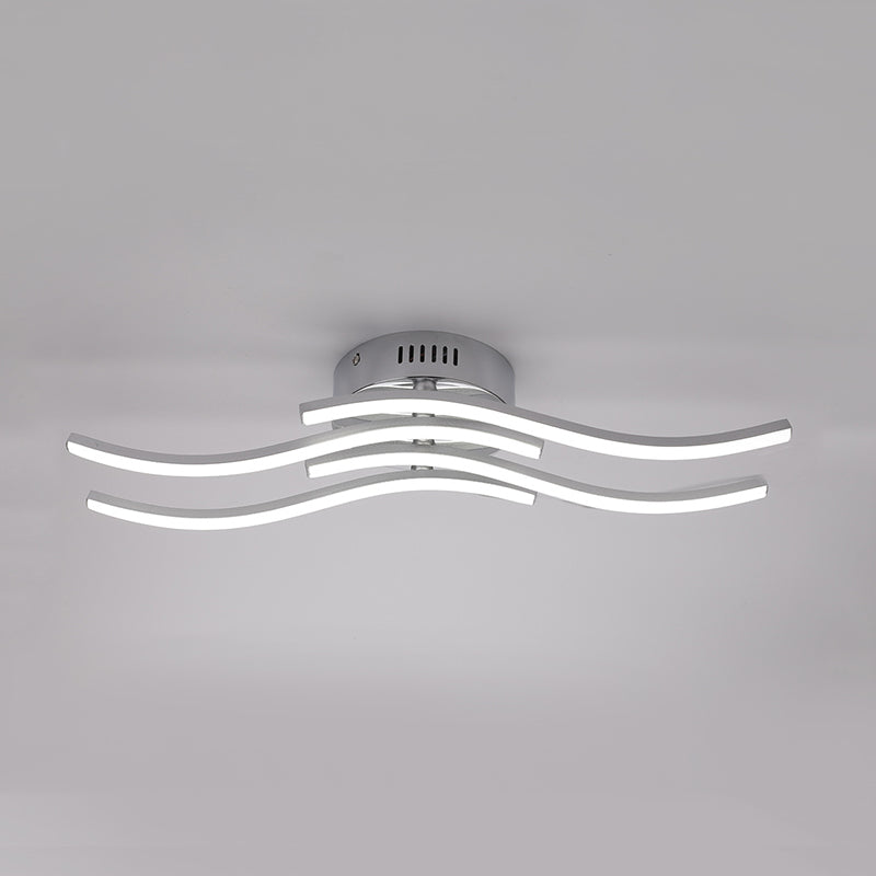 Sleek Nickel Finish 4-Wavy Linear Semi Flush Mount Led Ceiling Light For Bedroom - Warm/White Glow