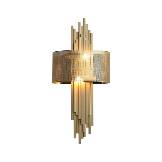 Modern 2-Head Gold Wall Sconce Lamp With Mesh Drum Shade