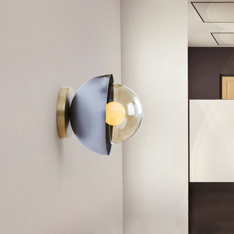 Modern Metallic Semicircle Sconce - 1-Light Brass/Chrome Wall Lamp With Tan Glass Shade Chrome