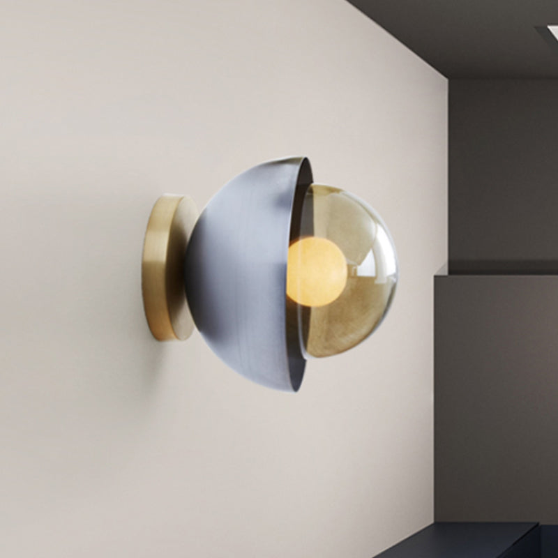 Modern Metallic Semicircle Sconce - 1-Light Brass/Chrome Wall Lamp With Tan Glass Shade