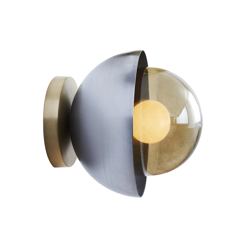 Modern Metallic Semicircle Sconce - 1-Light Brass/Chrome Wall Lamp With Tan Glass Shade