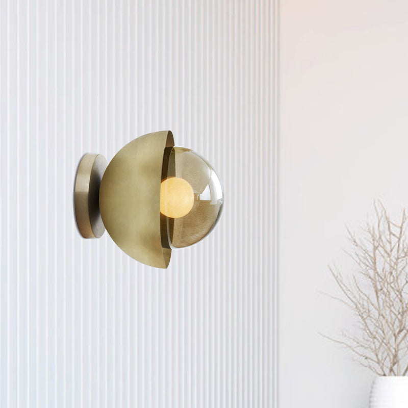 Modern Metallic Semicircle Sconce - 1-Light Brass/Chrome Wall Lamp With Tan Glass Shade