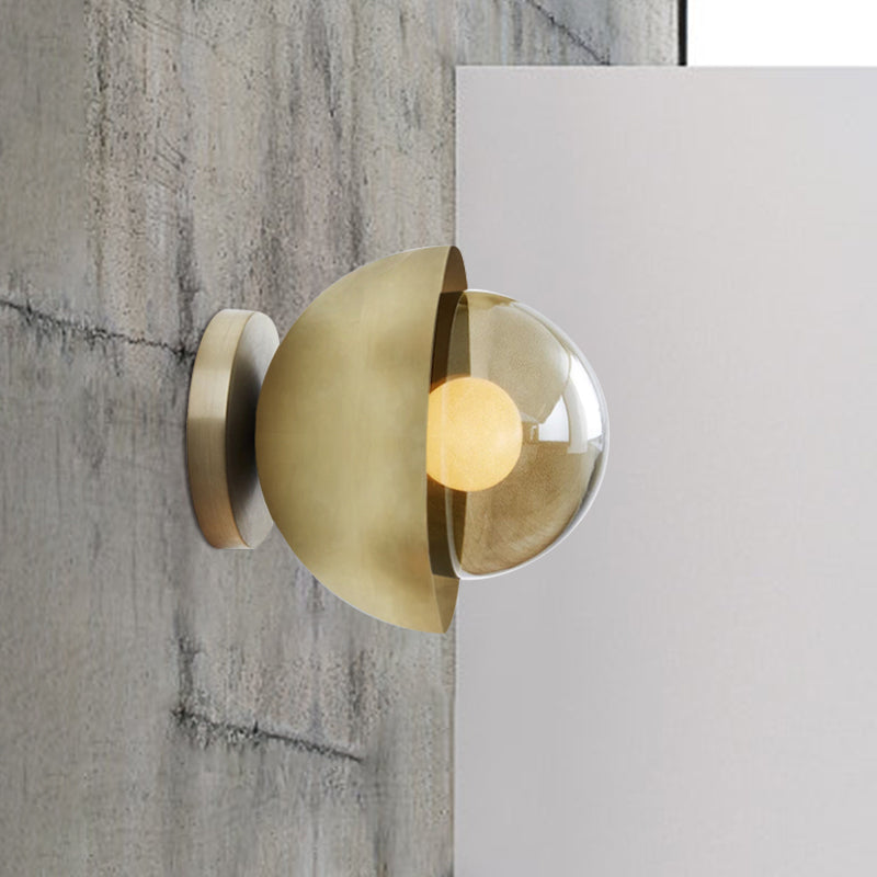 Modern Metallic Semicircle Sconce - 1-Light Brass/Chrome Wall Lamp With Tan Glass Shade