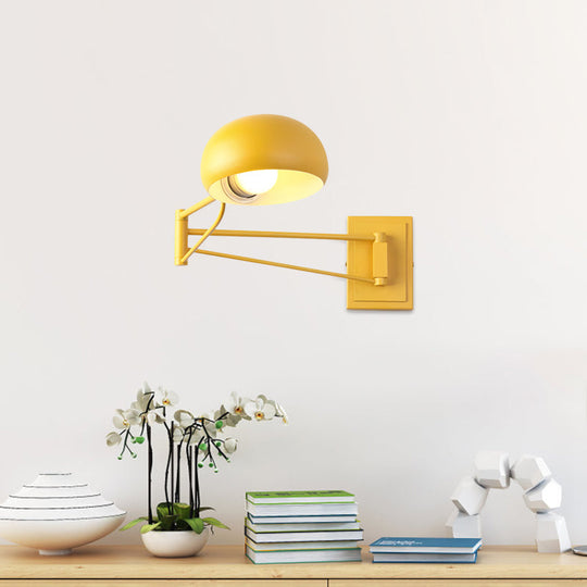 Swing Arm Macaron Dome Wall Light Fixture - Iron 1 Bulb Study Room Lamp In Yellow/Blue/Green